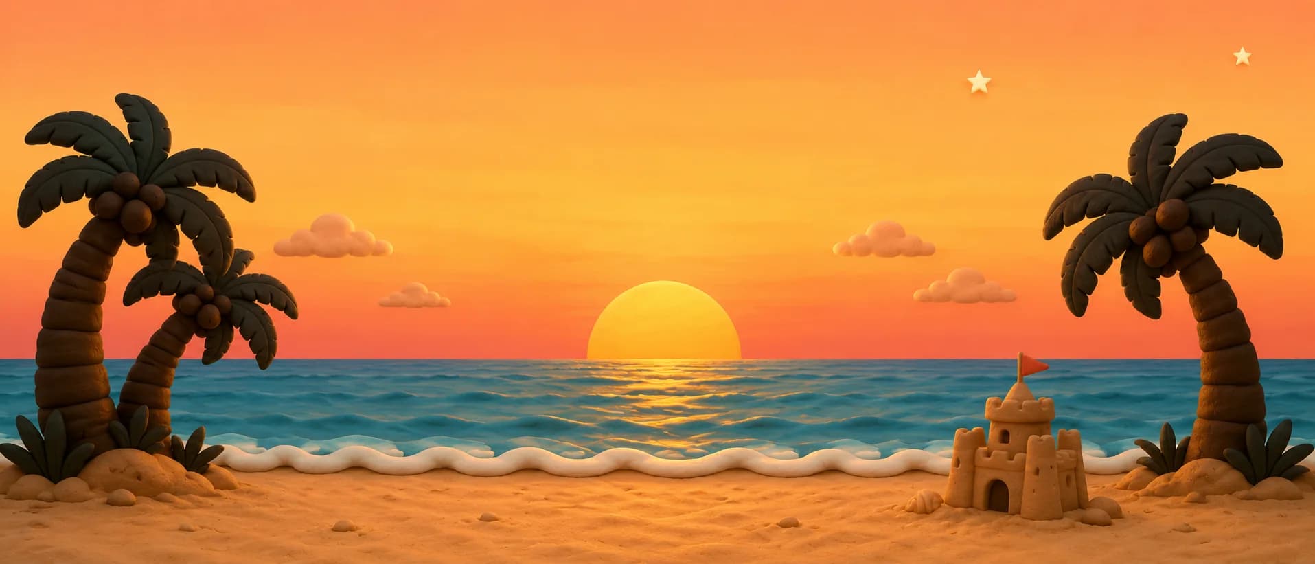 A clay-style sunset: the sun sinking into a teal sea between palm silhouettes, beside a finished sandcastle flying a small flag