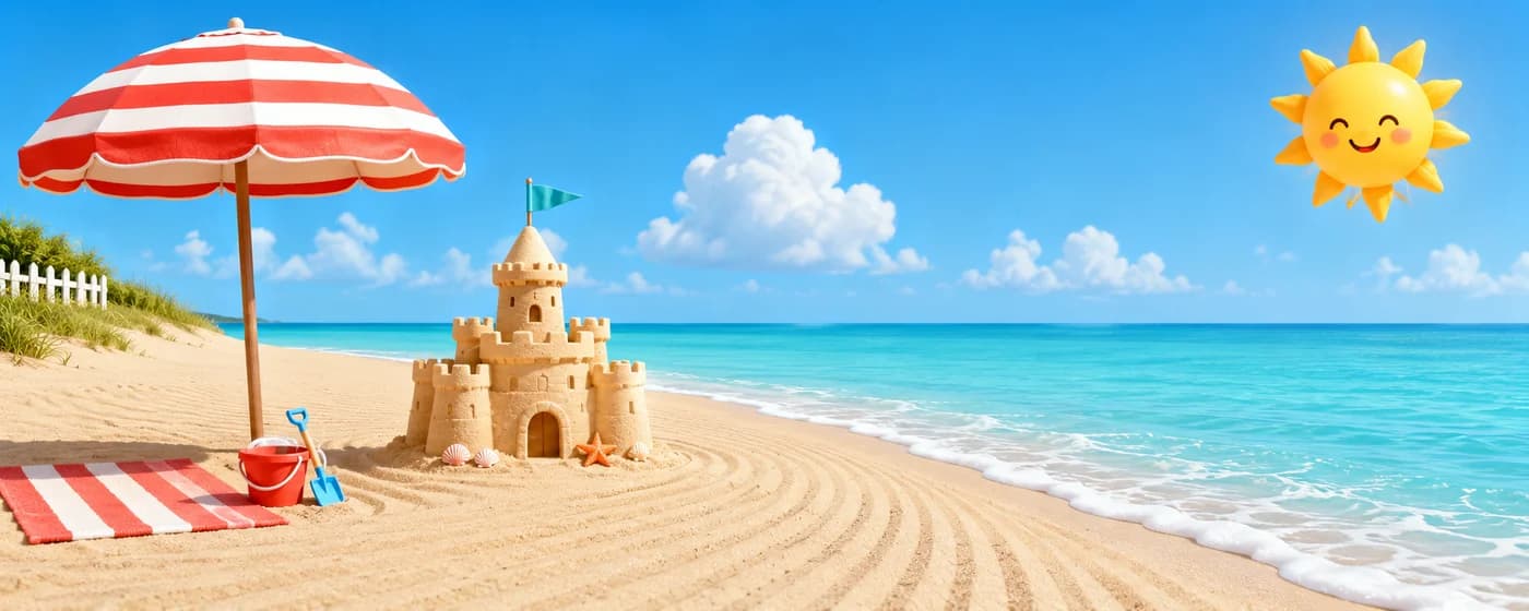 A bright, cared-for beach: striped umbrella, raked sand and a tidy sandcastle flying a small flag