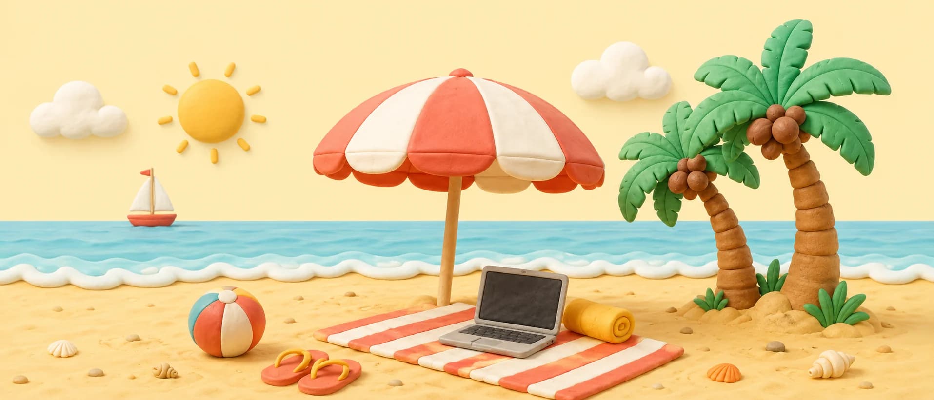 A clay-style beach with a red and white umbrella, palm trees, a beach ball and a laptop resting on a striped towel