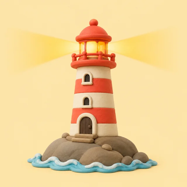 A clay lighthouse with red and white stripes, beam shining both ways