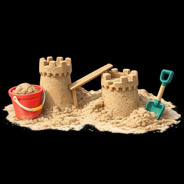 A sandcastle under construction with a bucket, plank and toy spade